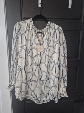 Autres Filles White & Navy Chain-Print Long-Sleeve Blouse